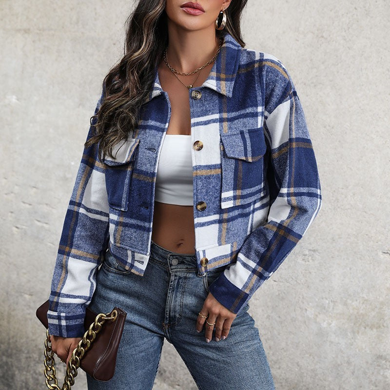 Karierte Revers-Kurzjacke mit Taschen, modischer Knopf, lange Ärmel, kurze Oberbekleidung, Tops, Mantel