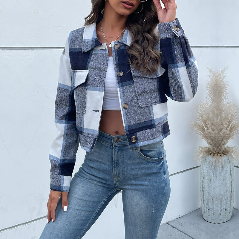 Karierte Revers-Kurzjacke mit Taschen, modischer Knopf, lange Ärmel, kurze Oberbekleidung, Tops, Mantel