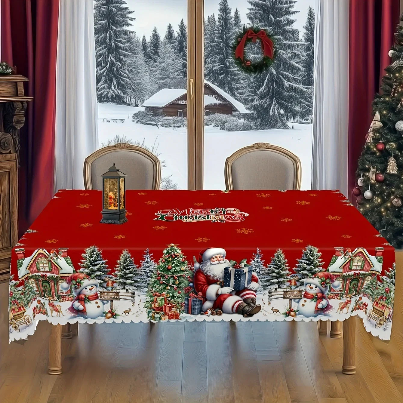 Christmas Snowflake Santa Claus Tablecloth Polyester Washable