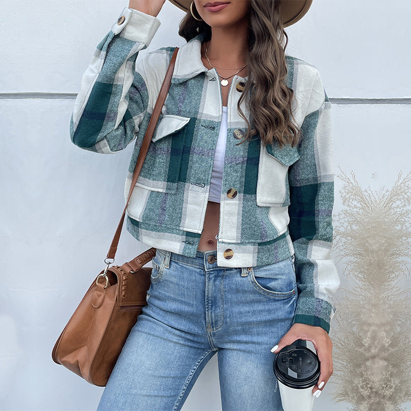 Karierte Revers-Kurzjacke mit Taschen, modischer Knopf, lange Ärmel, kurze Oberbekleidung, Tops, Mantel