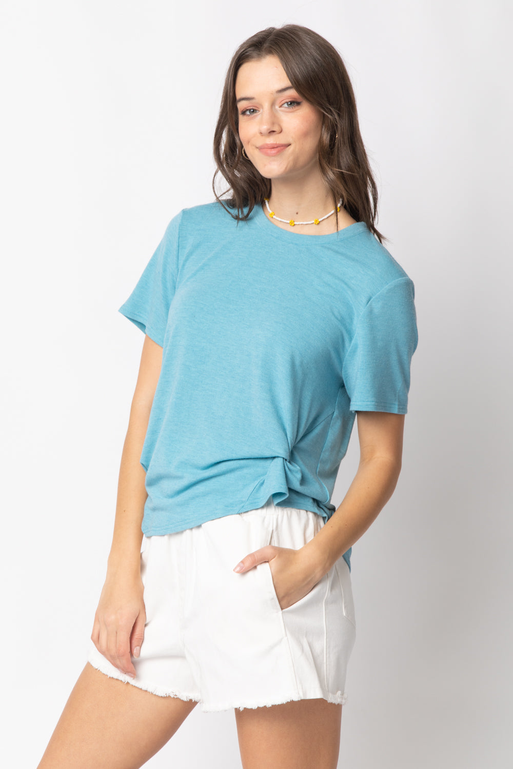 Women Short Sleeve Twisted Hem Knit Top