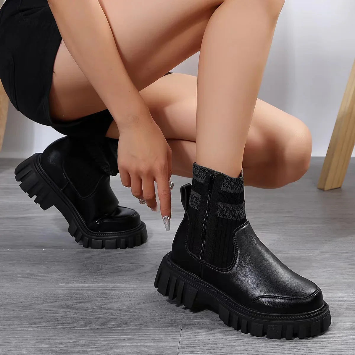 Fashion Mid-tube Boots With Zipper Design Non-slip Thick Sole Elastic Knitted Patchwork Boots For Winter