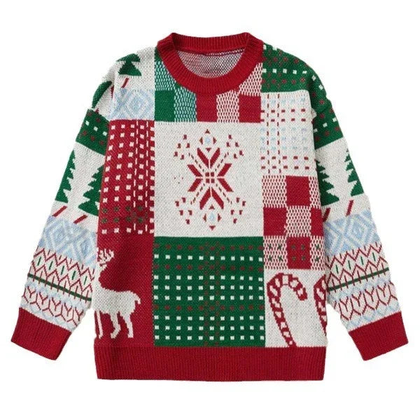 Christmas Tree Elk Jacquard Knitted Crew Neck Pullover Sweater Women