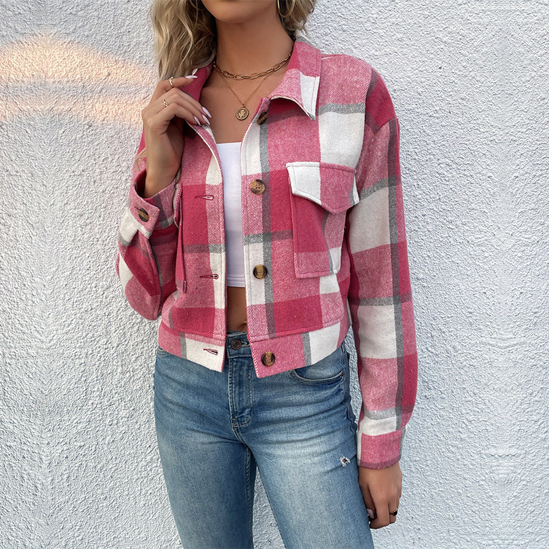 Karierte Revers-Kurzjacke mit Taschen, modischer Knopf, lange Ärmel, kurze Oberbekleidung, Tops, Mantel