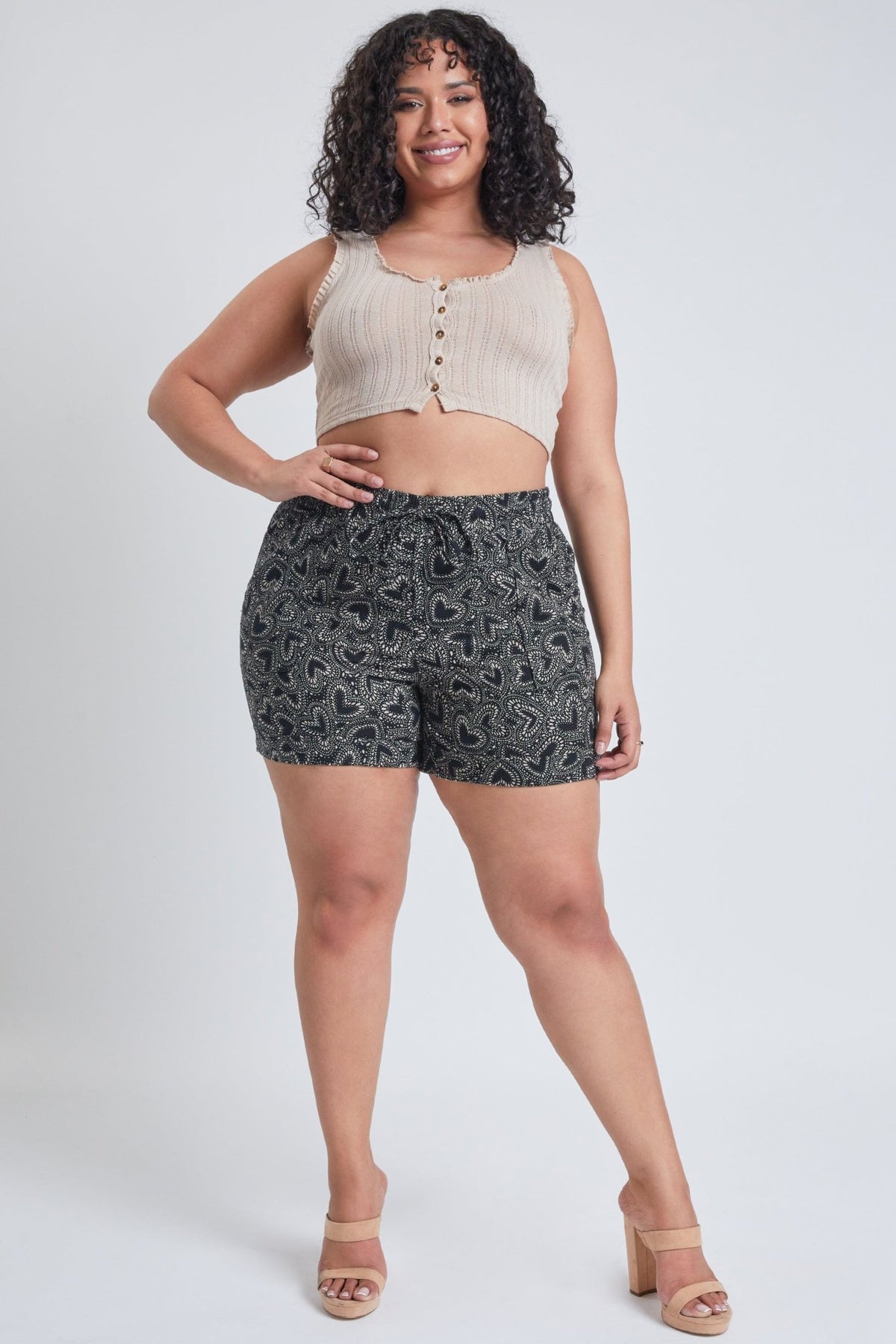 Women Plus Size Drawstring Waistband Linen Shorts With Porkchop Pockets