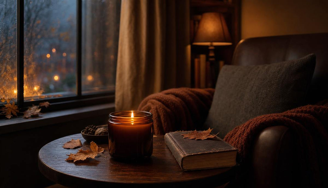 Autumn candles for fall evenings in a warm reading corner