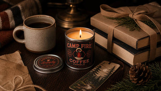 Campfire Coffee Candle with wrapped books, coffee, and reading gifts for book lovers