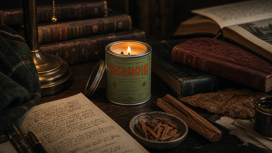 Sequoia candle in a dark academia study with leather books, cedarwood, tobacco, and candlelight