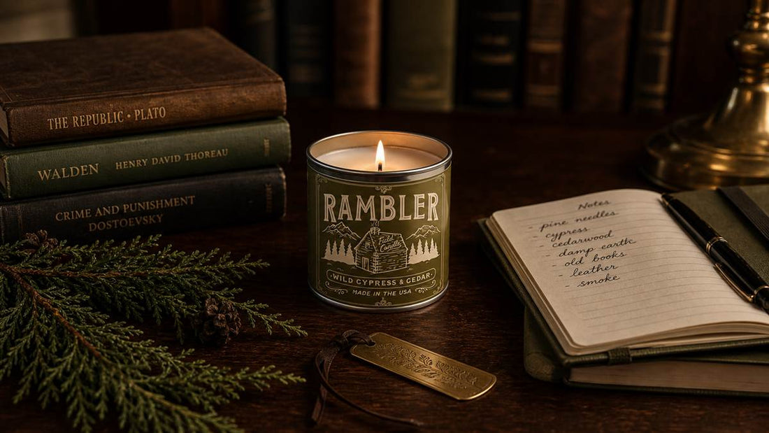 Rambler Field Candle with classic books, cedar, cypress, and warm dark academia desk lighting