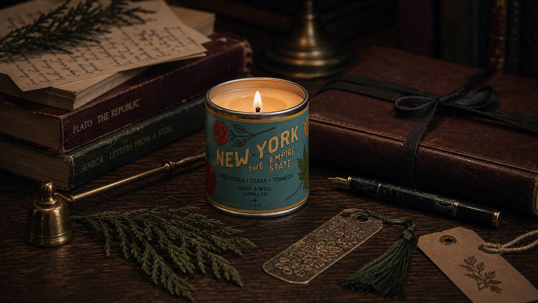 New York State candle with leather journal, books, brass snuffer, and dark academia gift ideas