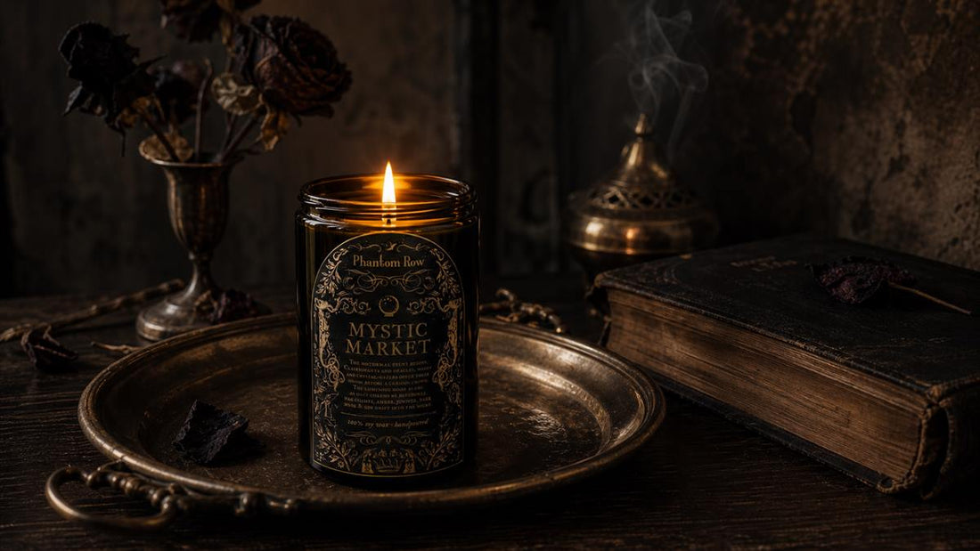 Gothic home fragrance with Mystic Market candle, incense, and dark florals