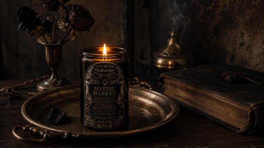 Gothic home fragrance with Mystic Market candle, incense, and dark florals