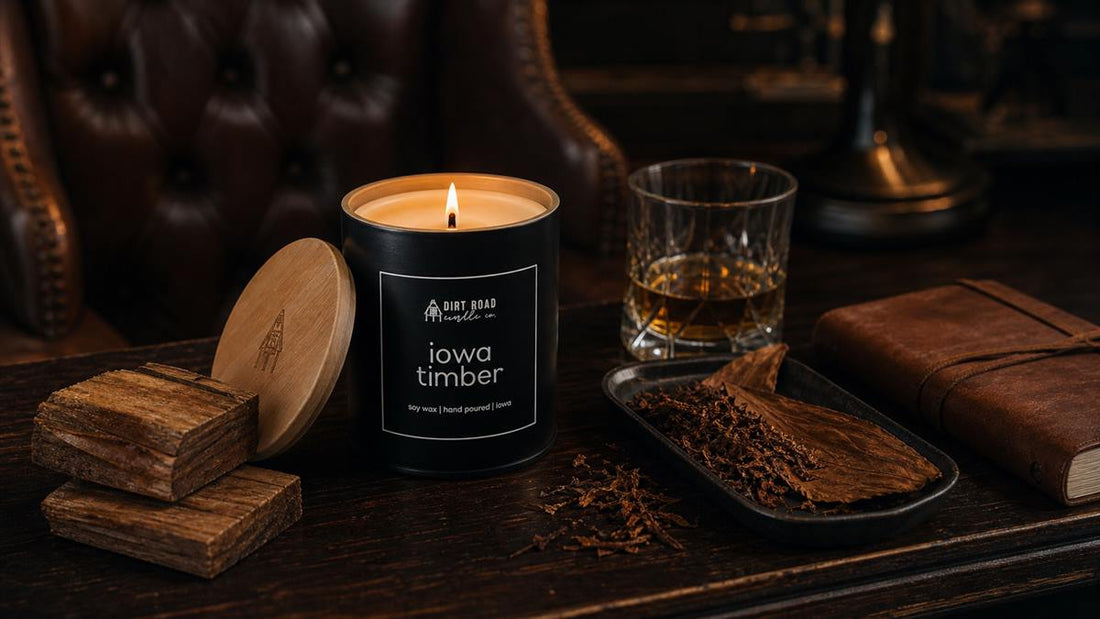 Iowa Timber Candle with leather, tobacco, cedarwood, and amber study atmosphere
