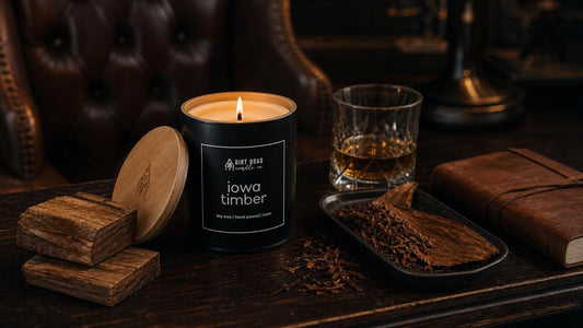 Iowa Timber Candle with leather, tobacco, cedarwood, and amber study atmosphere