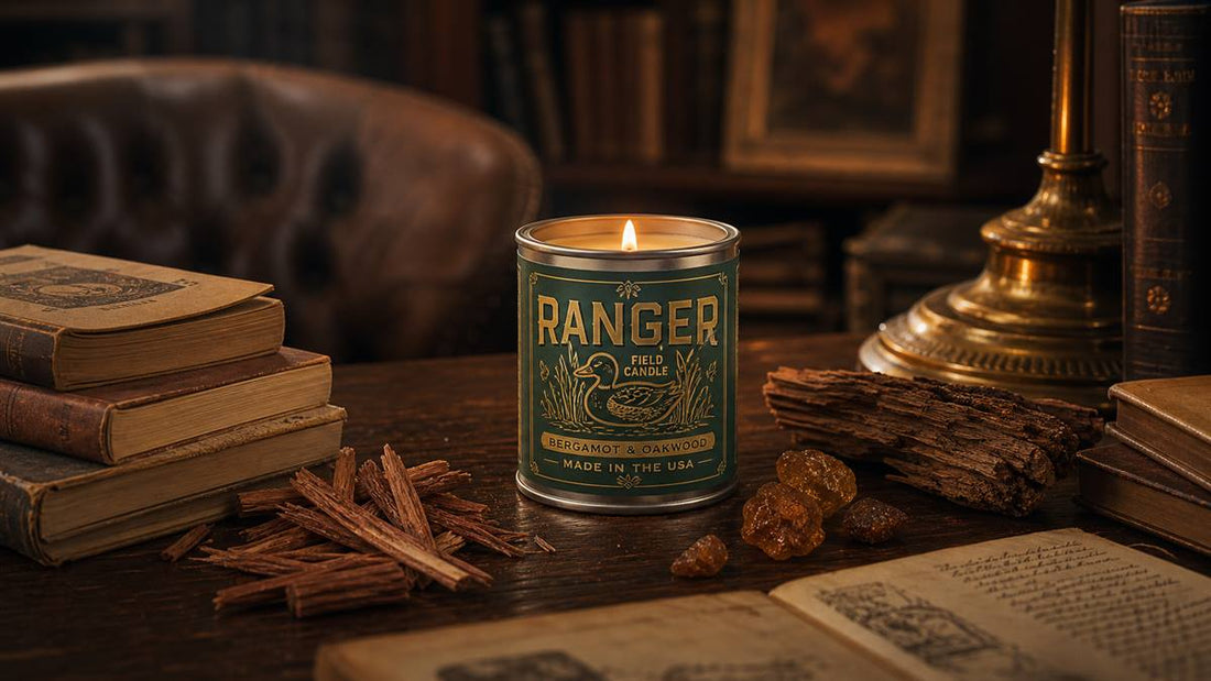 Ranger Field Candle in an old library room with oakwood, amber resin, books, and candlelight