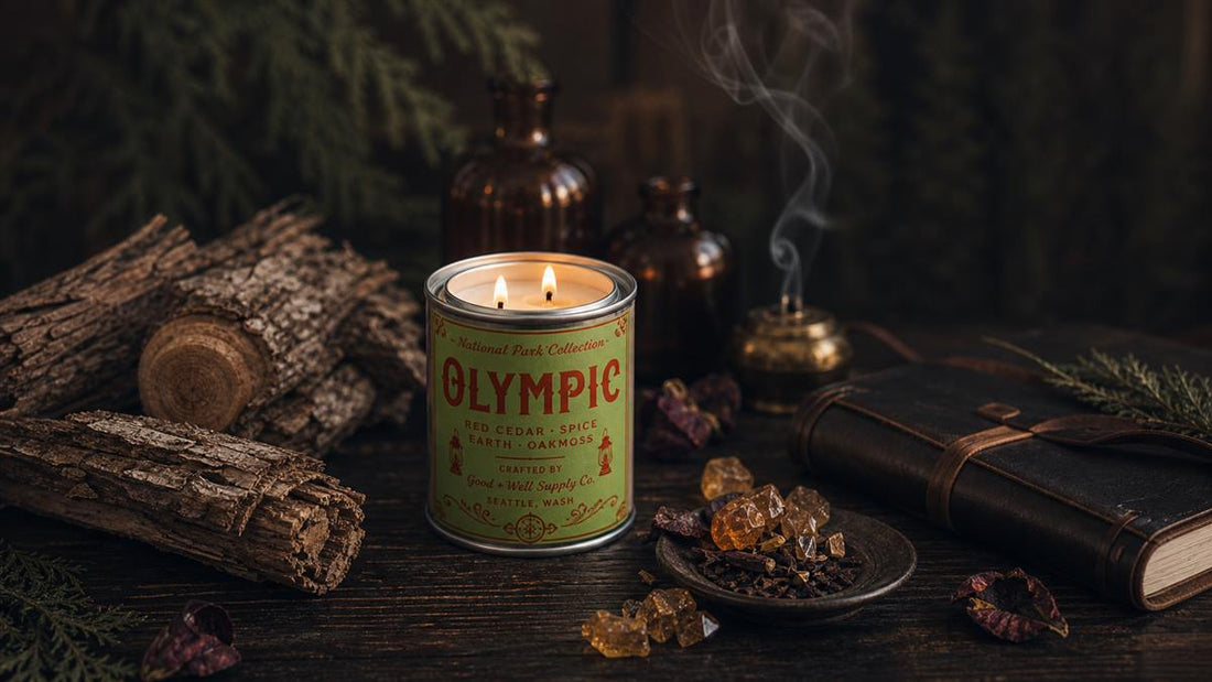 Moody candle scents ranked with Olympic National Park Candle, dark wood, resin, and amber