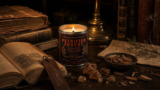 Petrified Forest candle with old books, sandalwood, sweet smoke, and wood resin notes