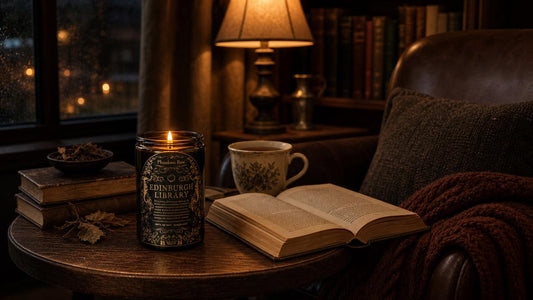 Reading evening atmosphere with Edinburgh Library candle, book, and warm lamp light