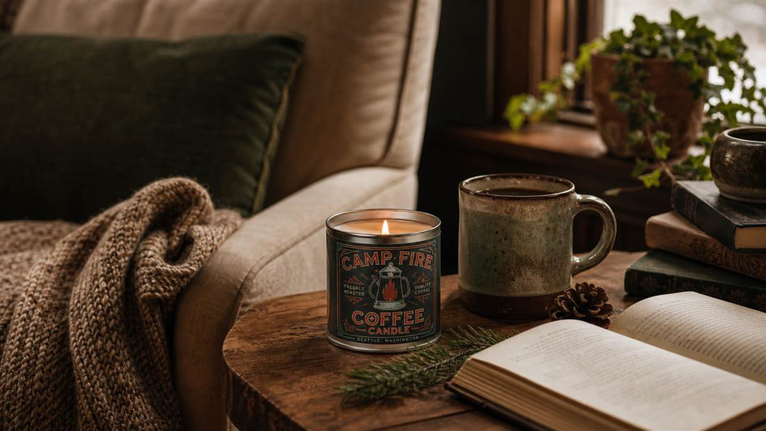 Campfire Coffee Candle in a cozy reading nook with an open book, coffee mug, soft chair, and warm candlelight