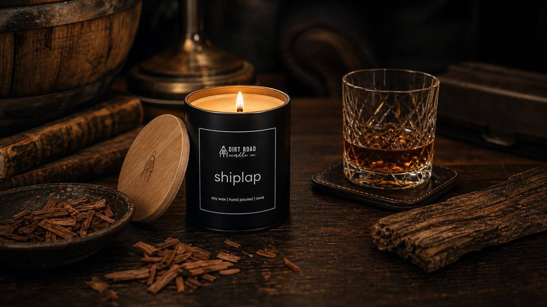 Shiplap candle with whiskey, oak barrel wood, cedar, and leather for masculine home fragrance