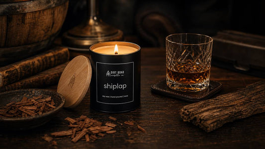 Shiplap candle with whiskey, oak barrel wood, cedar, and leather for masculine home fragrance
