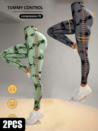 2 Pack Tie-dye High-waist Butt-lifting Women's Fitness Pants
