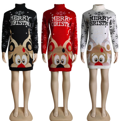 Autumn And Winter Christmas Thick Fashion Temperament High Collar Women's Knitted Sweater Dress