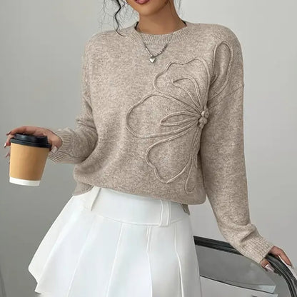 Women's Elegant Floral Sweater - 2025 Fall Winter Crew Neck Long Sleeve Casual Pullover