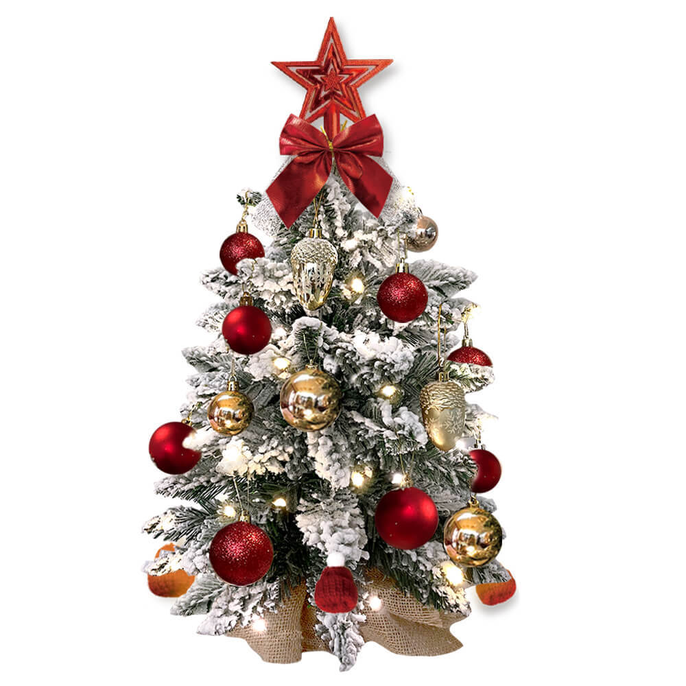 2ft Pre-Lit Flocked Mini Christmas Tree with Ornaments - Tabletop Snow Tree Set | Complete Desk Décor Kit