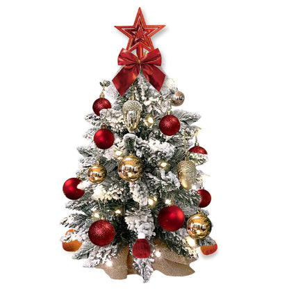 2ft Pre-Lit Flocked Mini Christmas Tree with Ornaments - Tabletop Snow Tree Set | Complete Desk Décor Kit
