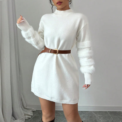 Women's Plush Long Sleeve Mini Dress, Solid Color A-Line Fitted Dress With Faux Fur Trim For Winter Parties