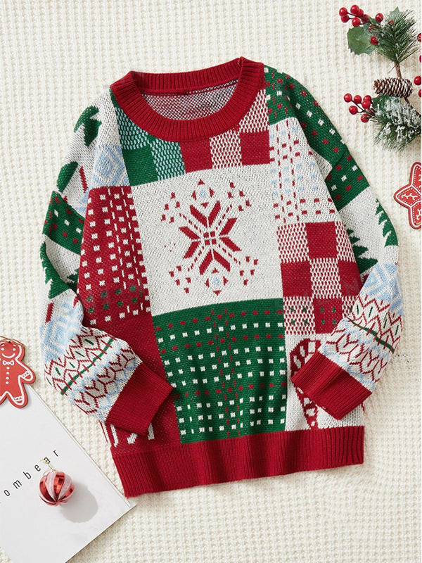 Christmas Tree Elk Jacquard Knitted Crew Neck Pullover Sweater Women