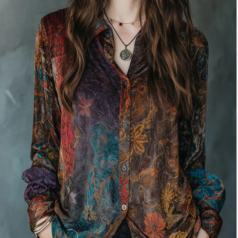 Women's Retro Boho Floral Shirt - Button Down Long Sleeve Blouse, Vintage Style Top