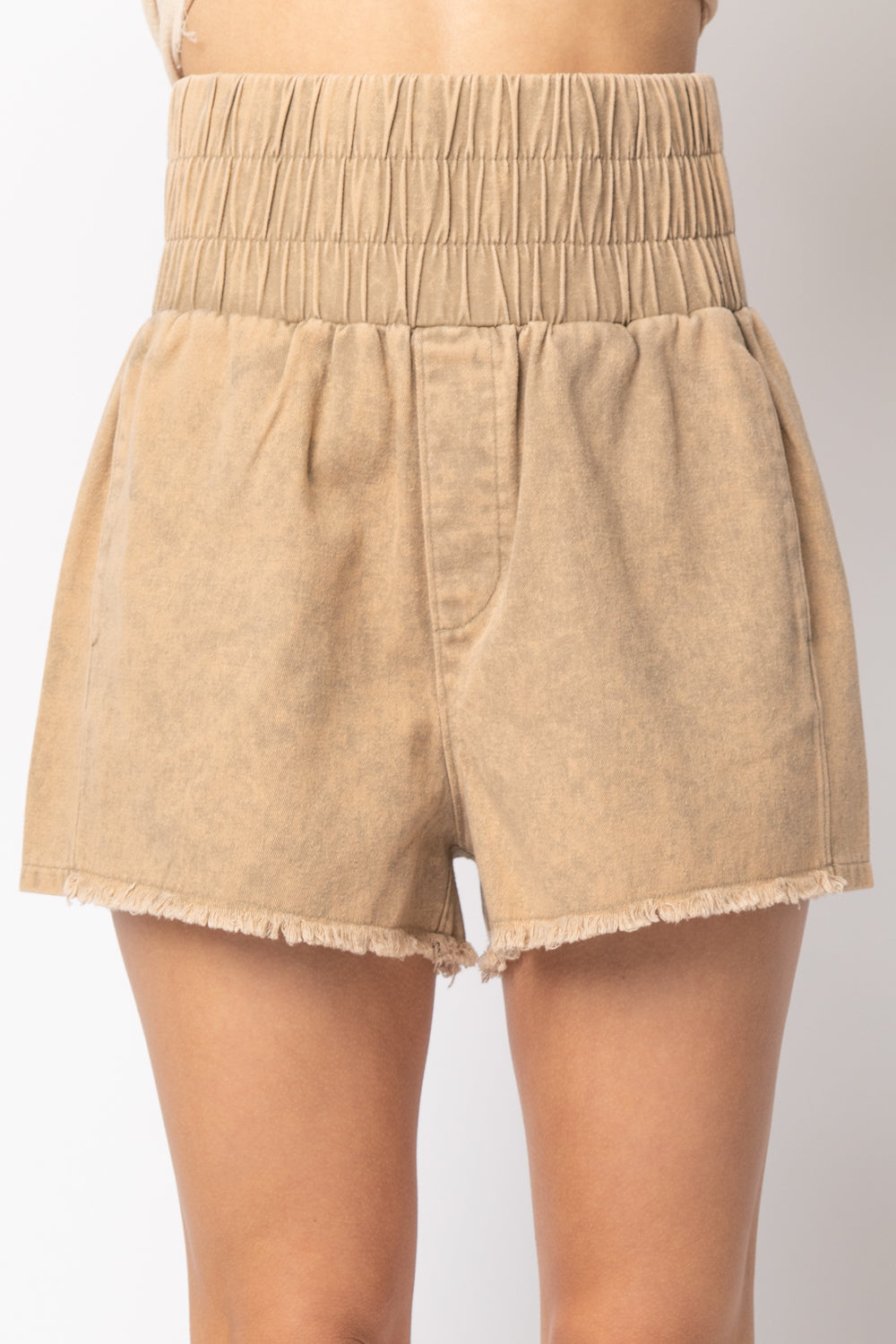 Women High-Waist Washed Twill Mini Shorts w/ Pockets
