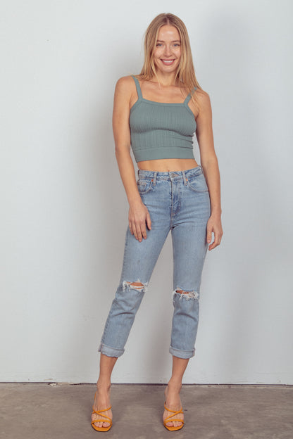 Women Cable Ribbed Fitted Crop Knit Tank Top