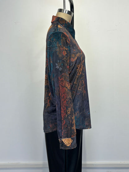 Women's Retro Boho Floral Shirt - Button Down Long Sleeve Blouse, Vintage Style Top