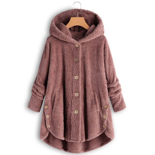 Plus Size Women's Vintage Sherpa Hooded Cardigan Plush Lined Button Up Jacket For Autumn And Winter