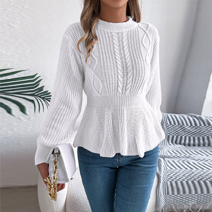 Women's Cable Knit Sweater With Peplum Hem Round Neck Ribbed Waist Top For Spring And Fall