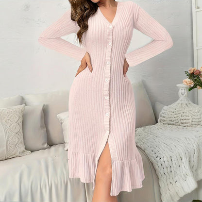 Women's V-Neck Bodycon Midi Dress - 2025 Spring Fall Long Sleeve Button Down Elegant Dress