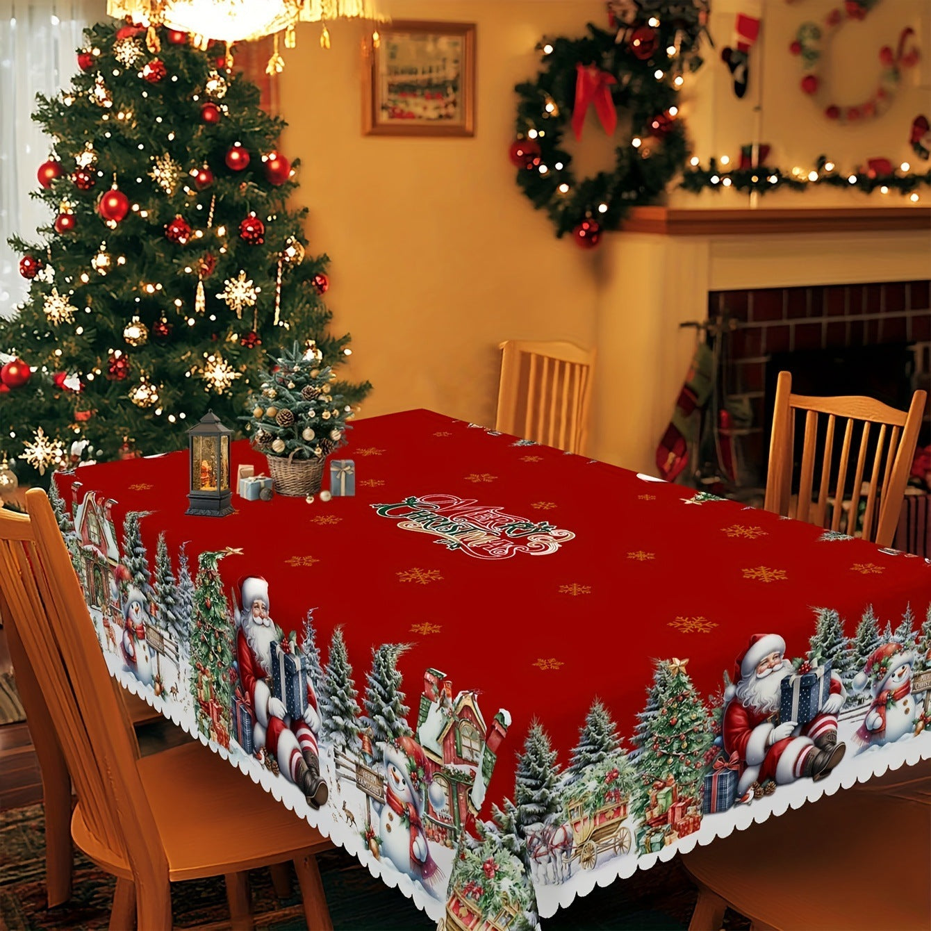 Christmas Snowflake Santa Claus Tablecloth Polyester Washable
