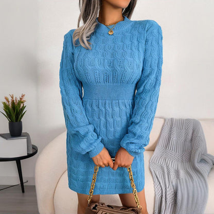 Women's Bodycon Pullover Mini Sweater Dress - Cozy Crew Neck Long Sleeve Dress For Fall Wintert