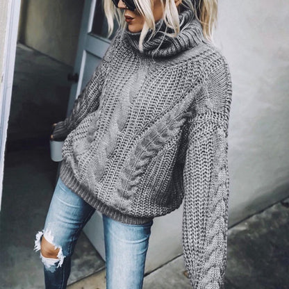 Women's Cable Knit Turtleneck Sweater, Classic Long Sleeve Winter Knitwear For Casual And Formal Wear