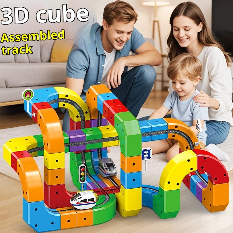 Small Train Track Cube Electric Assembled Building Block Toys