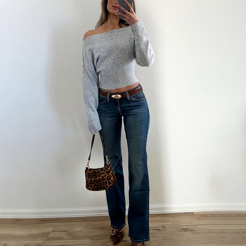Women's Off The Shoulder Cropped Sweater - Boat Neck Long Sleeve Pullover, Casual Trendy Top