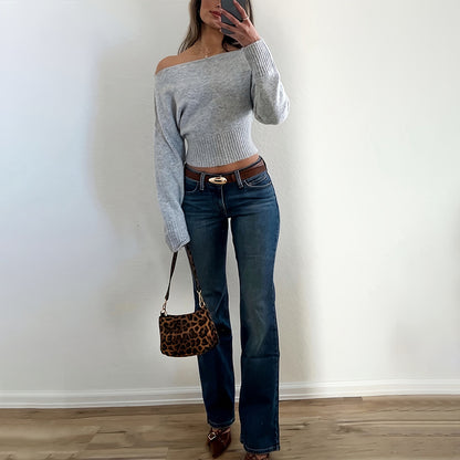 Women's Off The Shoulder Cropped Sweater - Boat Neck Long Sleeve Pullover, Casual Trendy Top