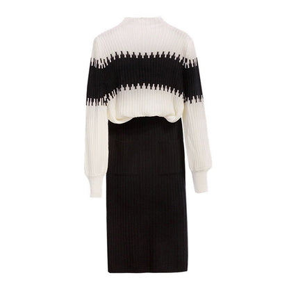 Women's 2-Piece Sweater Set Color-Block Long Sleeve Knit Top & Pocket Skirt For Winter Formal Occasions