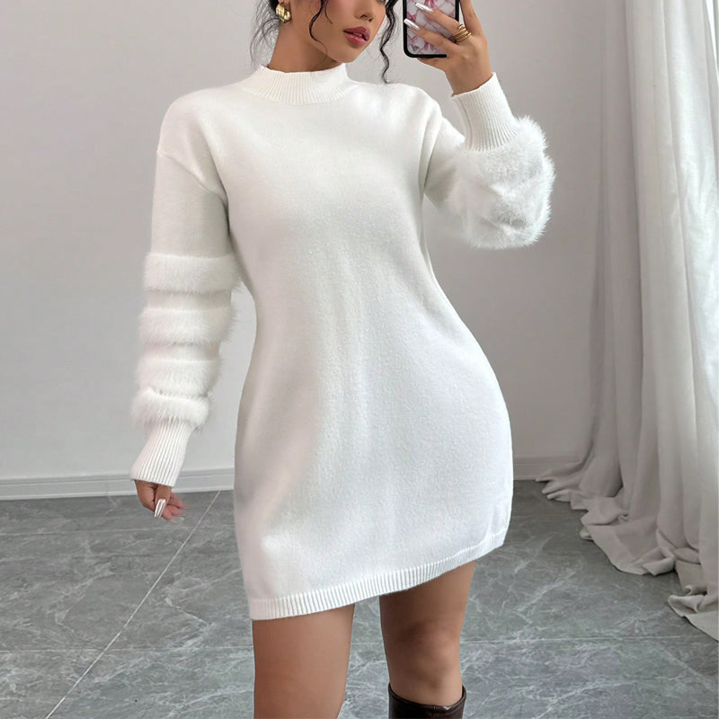 Women's Plush Long Sleeve Mini Dress, Solid Color A-Line Fitted Dress With Faux Fur Trim For Winter Parties
