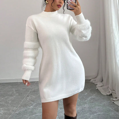 Women's Plush Long Sleeve Mini Dress, Solid Color A-Line Fitted Dress With Faux Fur Trim For Winter Parties