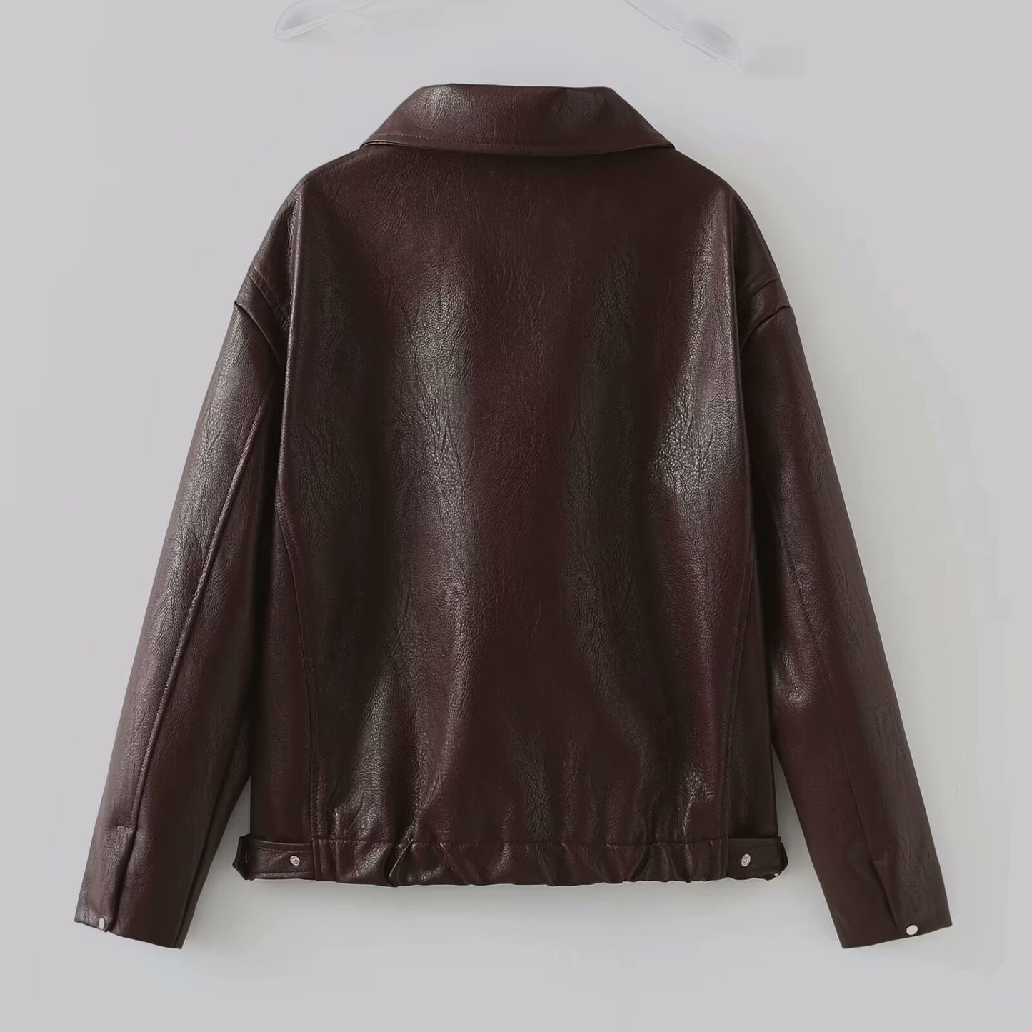 Solid Color Lapel Zipper Jacket Fashion Casual Long Sleeve Leather Coat