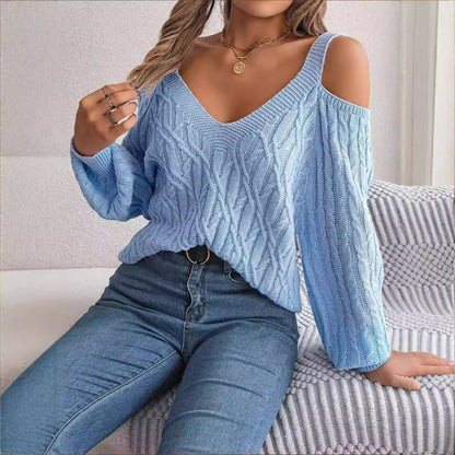 Real Shot Autumn-Winter 2025 Casual Solid Color Fried Dough Twists Off Shoulder Lantern Sleeve Sweater